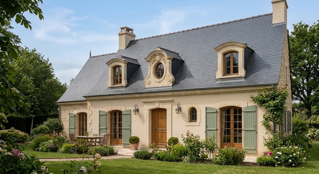 Façade en pierre avec lucarnes et toiture d’ardoise