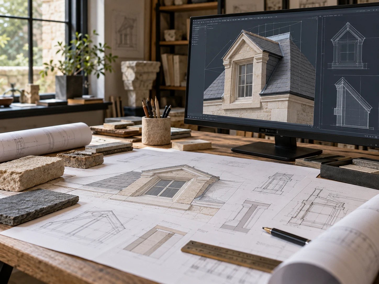 Plans architecturaux et échantillons de pierre sur une table d’étude — illustration IA temporaire