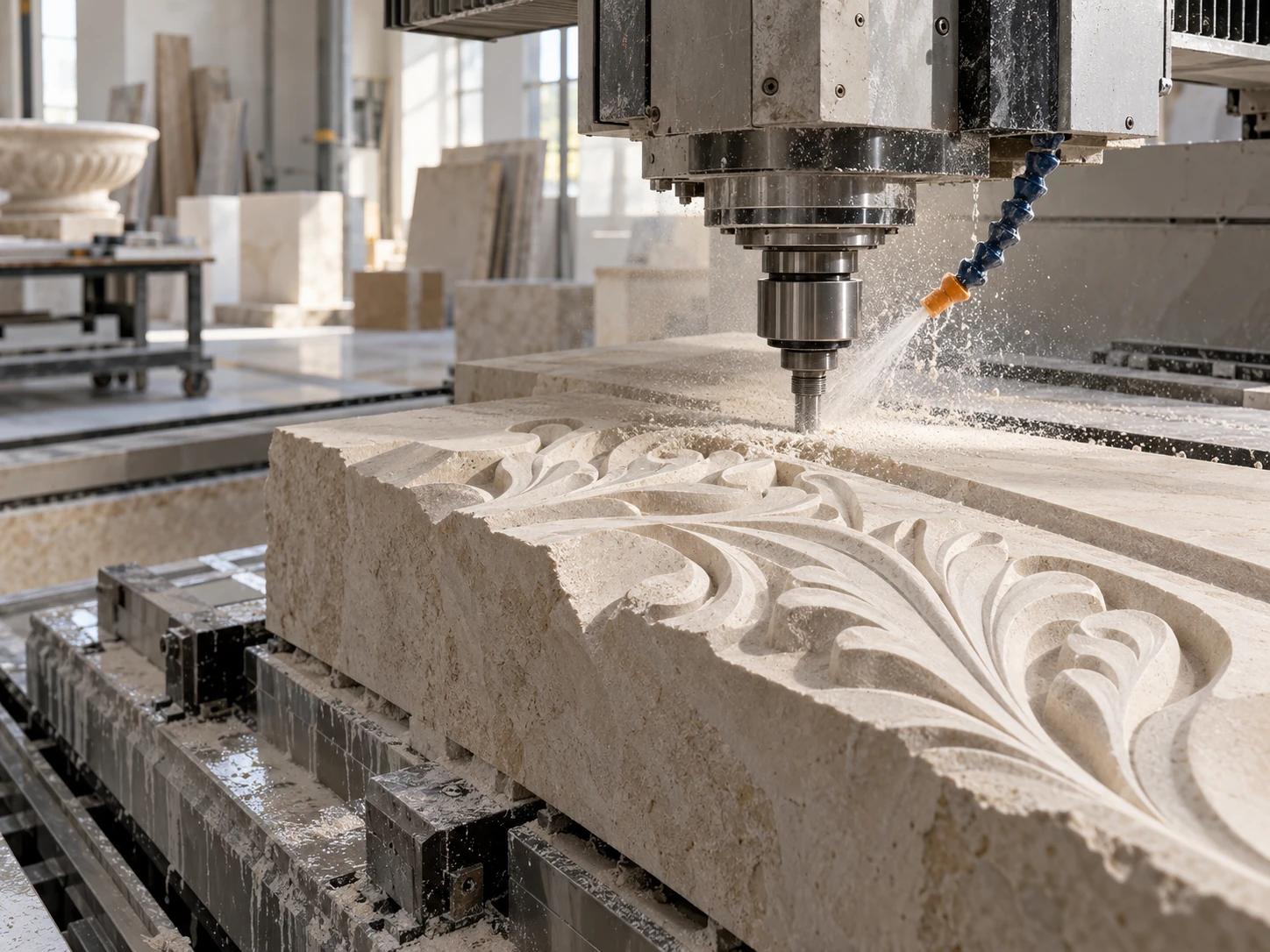 Machine CNC travaillant un relief dans un bloc de pierre — illustration IA temporaire