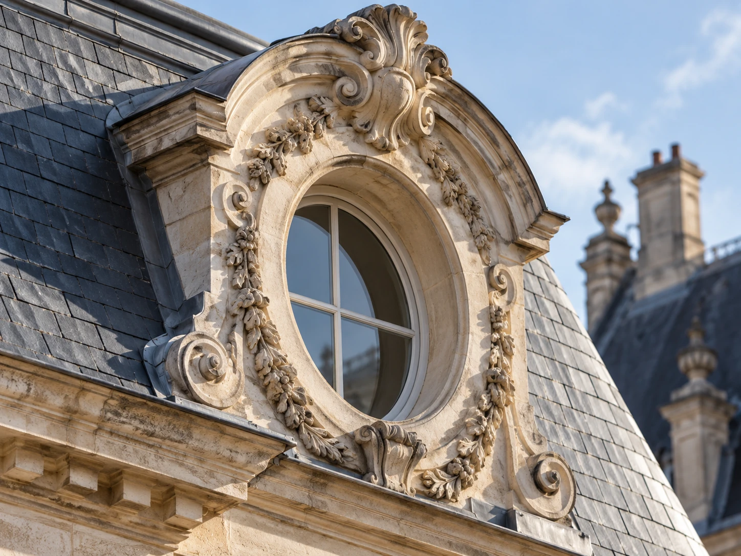 Œil-de-bœuf sculpté sur toiture d’ardoise — illustration IA temporaire